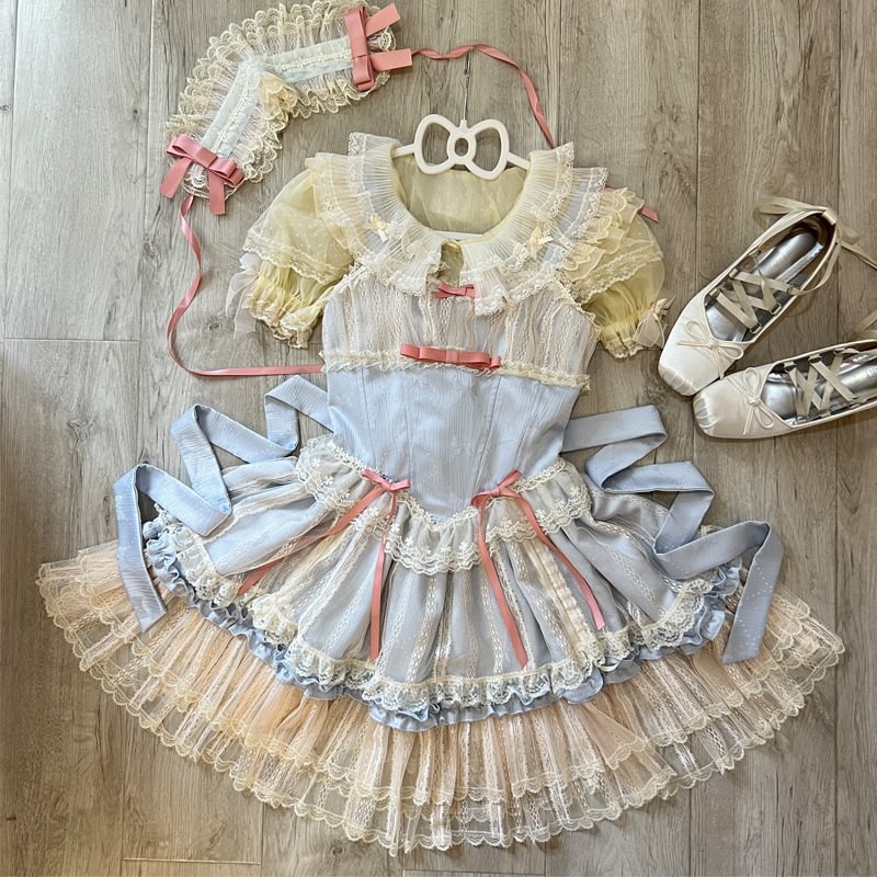 Hime Lolita Sweet Blue Pink Apricot Princess Ballet Suspender Cake Dress