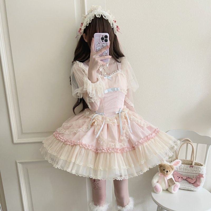 Hime Lolita Sweet Blue Pink Apricot Princess Ballet Suspender Cake Dress