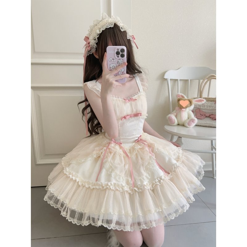 Hime Lolita Sweet Blue Pink Apricot Princess Ballet Suspender Cake Dress