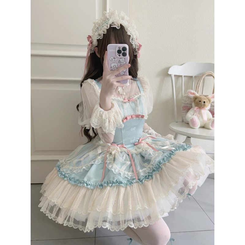Hime Lolita Sweet Blue Pink Apricot Princess Ballet Suspender Cake Dress