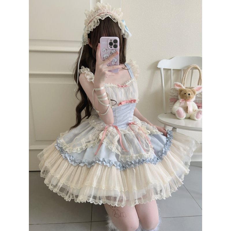 Hime Lolita Sweet Blue Pink Apricot Princess Ballet Suspender Cake Dress