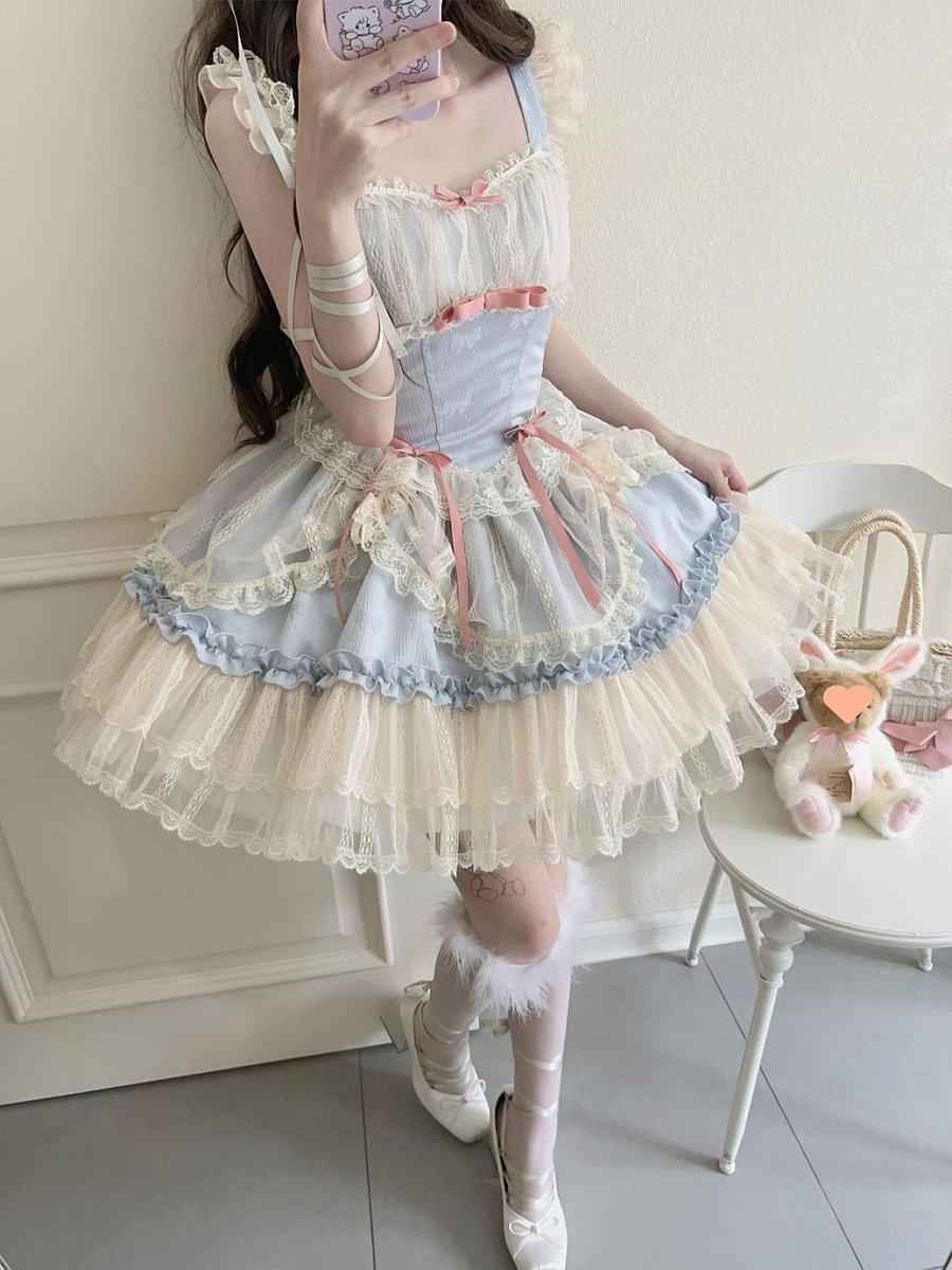 Hime Lolita Sweet Blue Pink Apricot Princess Ballet Suspender Cake Dress
