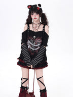 Rebellious yet romantic, this top combines a flattering off-shoulder cut with edgy stripe拼接 and subtle heart motifs. The lightweight fabric and relaxed silhouette offer effortless comfort, while the monochrome palette adds versatility. Perfect for layering or standing alone, it embodies soft defiance.