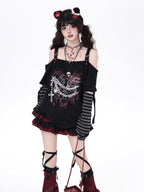 Rebellious yet romantic, this top combines a flattering off-shoulder cut with edgy stripe拼接 and subtle heart motifs. The lightweight fabric and relaxed silhouette offer effortless comfort, while the monochrome palette adds versatility. Perfect for layering or standing alone, it embodies soft defiance.