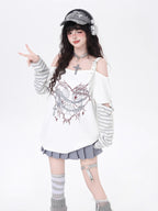 Rebellious yet romantic, this top combines a flattering off-shoulder cut with edgy stripe拼接 and subtle heart motifs. The lightweight fabric and relaxed silhouette offer effortless comfort, while the monochrome palette adds versatility. Perfect for layering or standing alone, it embodies soft defiance.