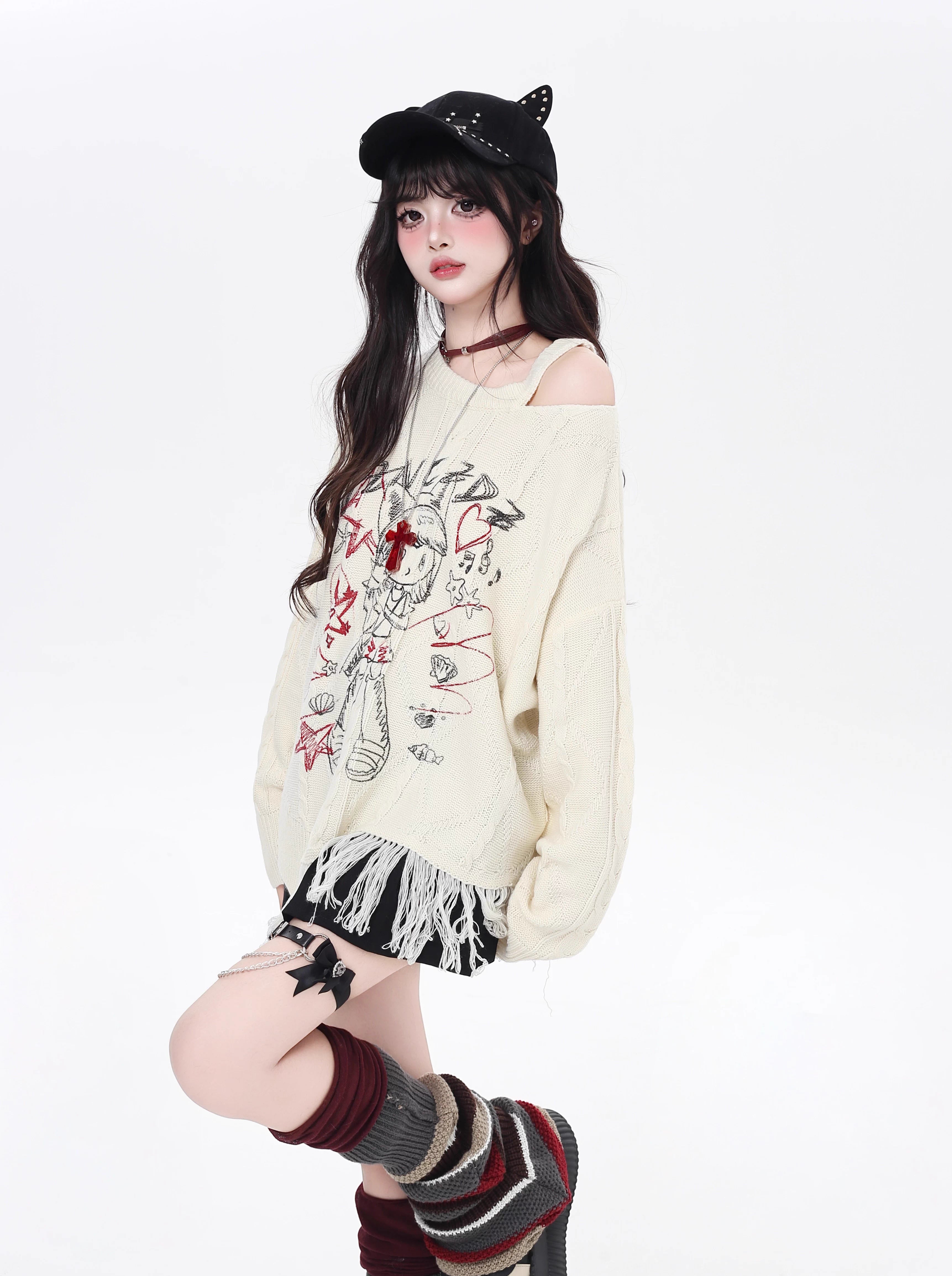 This sweater blends street art energy with bohemian flair. Raw-cut fringe, abstract cartoon graffiti, and an intentionally irregular silhouette create a look that's both playful and rebellious. Soft, slouchy, and effortlessly cool—for those who wear their creativity on their sleeve.