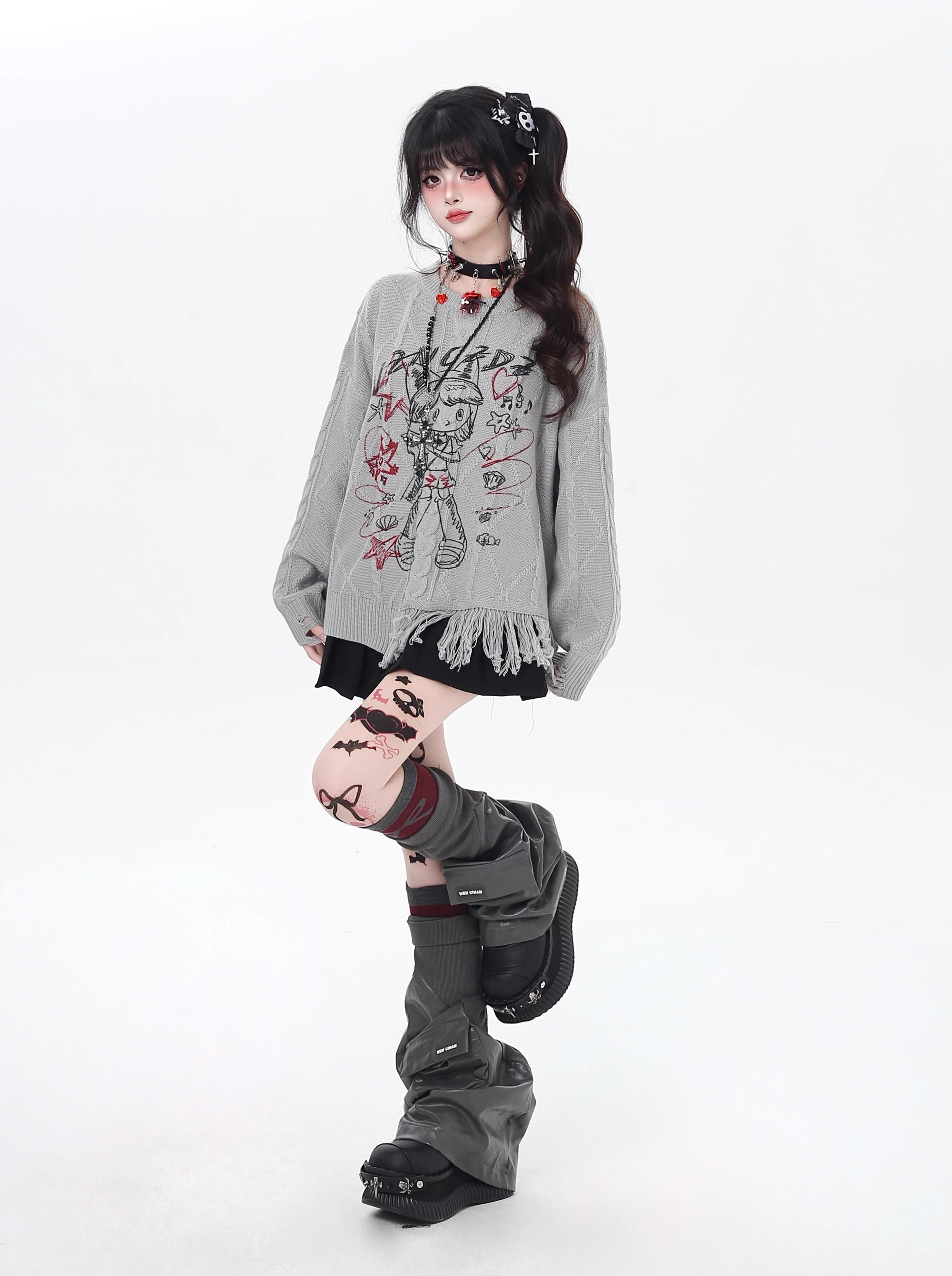 This sweater blends street art energy with bohemian flair. Raw-cut fringe, abstract cartoon graffiti, and an intentionally irregular silhouette create a look that's both playful and rebellious. Soft, slouchy, and effortlessly cool—for those who wear their creativity on their sleeve.