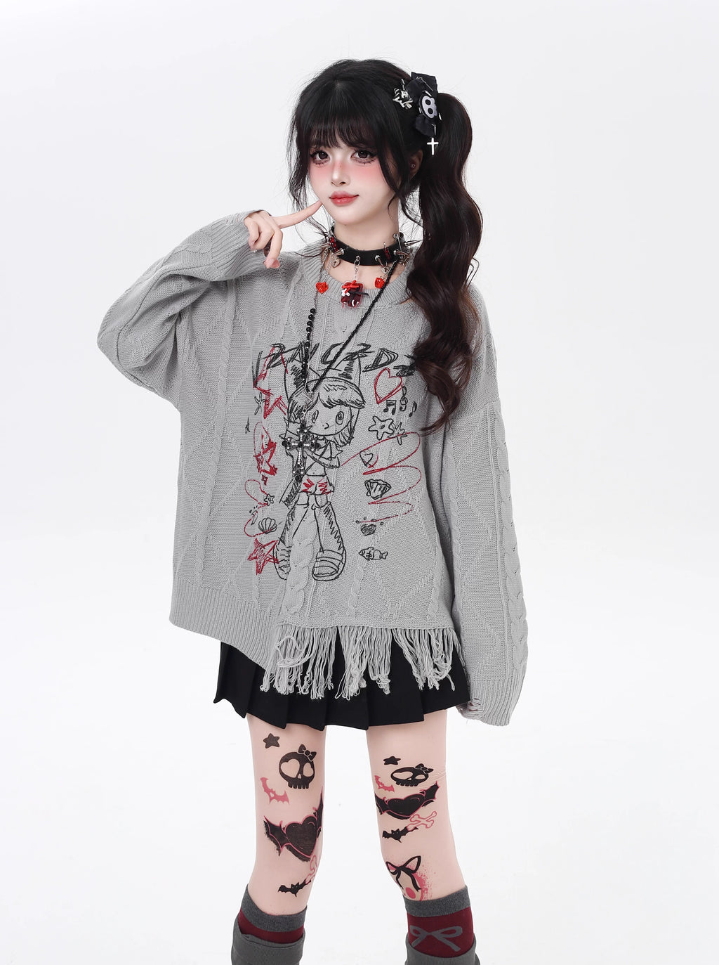 This sweater blends street art energy with bohemian flair. Raw-cut fringe, abstract cartoon graffiti, and an intentionally irregular silhouette create a look that's both playful and rebellious. Soft, slouchy, and effortlessly cool—for those who wear their creativity on their sleeve.