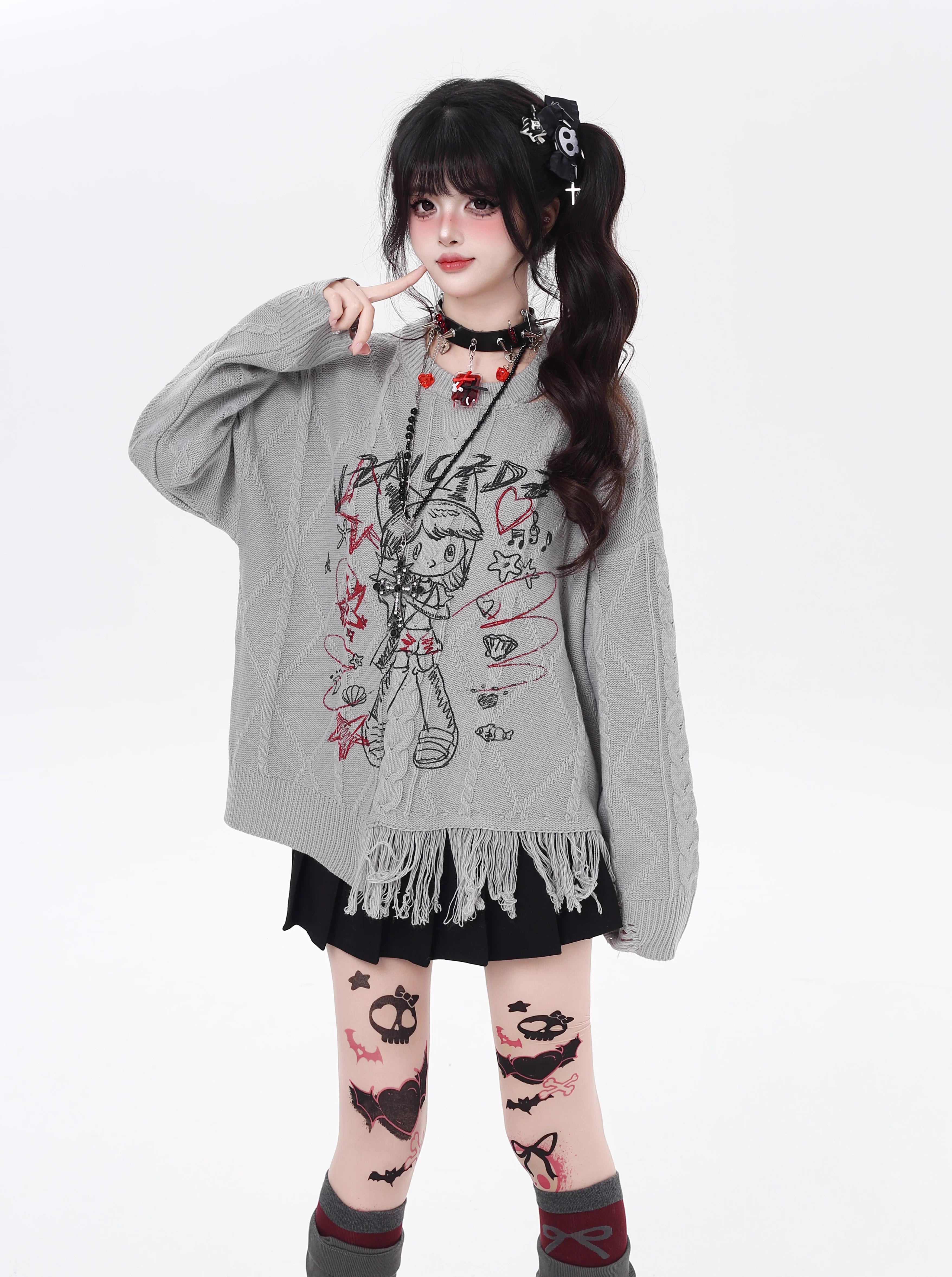 This sweater blends street art energy with bohemian flair. Raw-cut fringe, abstract cartoon graffiti, and an intentionally irregular silhouette create a look that's both playful and rebellious. Soft, slouchy, and effortlessly cool—for those who wear their creativity on their sleeve.