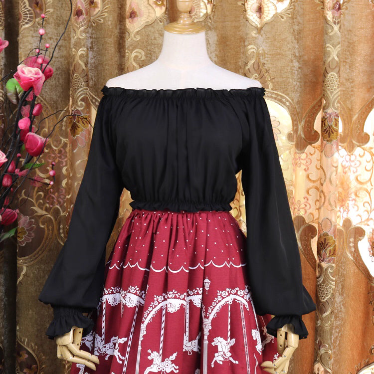 This lightweight chiffon blouse combines a classic round neck with soft puff sleeves for effortless elegance. The flowing fabric and relaxed silhouette offer versatile comfort, perfect for daily layering under jumpers or dresses. Its delicate drape and subtle sheen create a romantic foundation for both sweet and classic Lolita coordinates, blending practicality with dreamy sophistication.