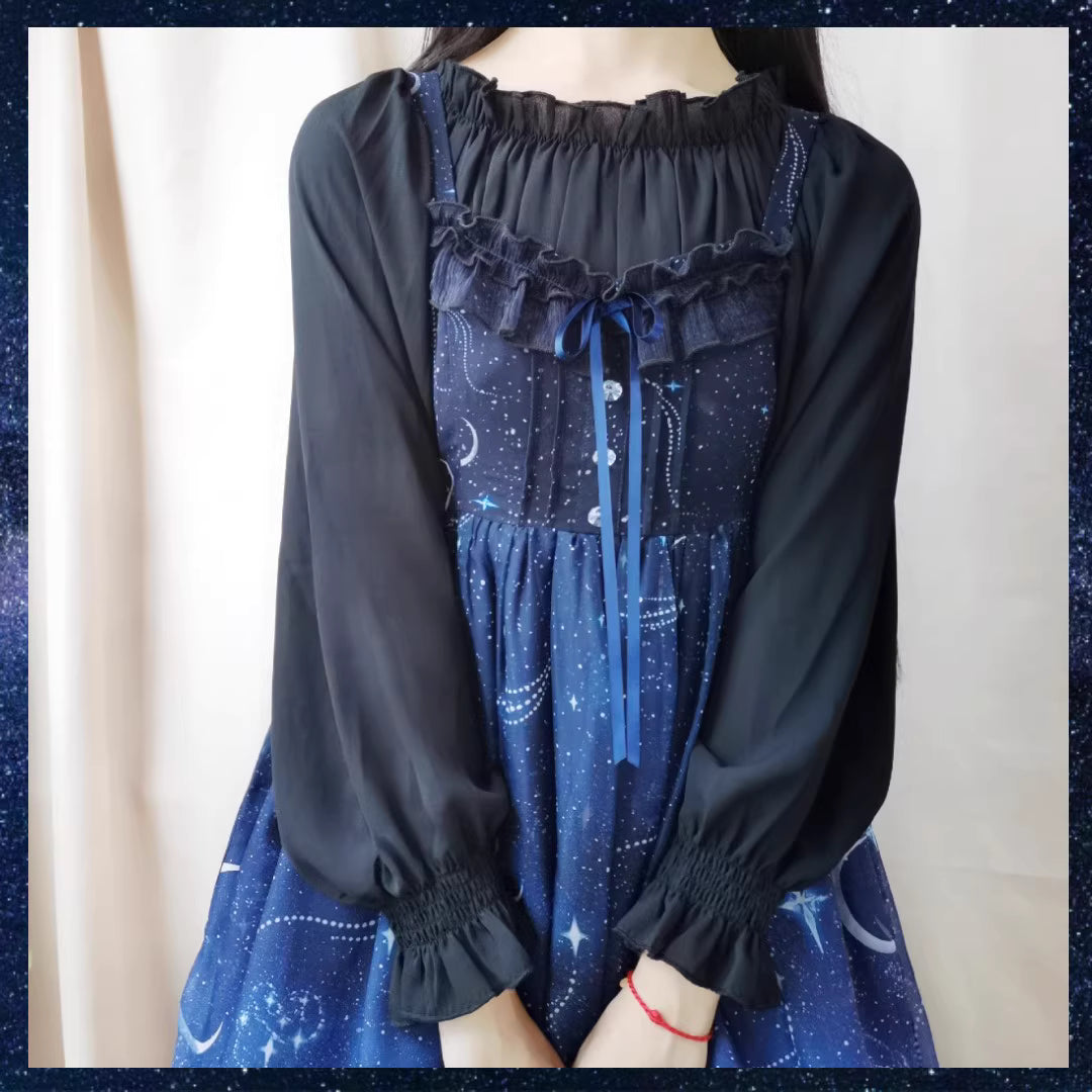 This lightweight chiffon blouse combines a classic round neck with soft puff sleeves for effortless elegance. The flowing fabric and relaxed silhouette offer versatile comfort, perfect for daily layering under jumpers or dresses. Its delicate drape and subtle sheen create a romantic foundation for both sweet and classic Lolita coordinates, blending practicality with dreamy sophistication.