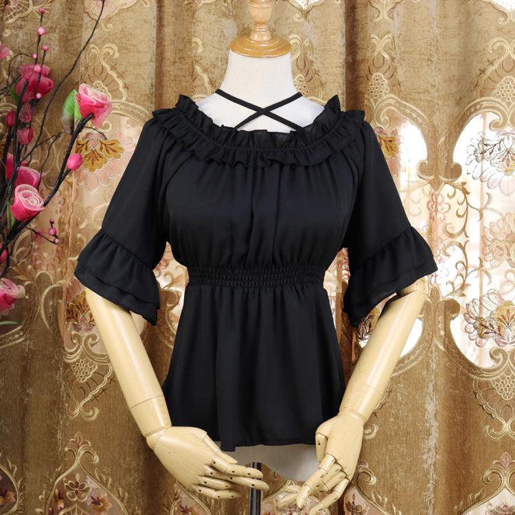 This airy chiffon blouse combines a delicate halter neckline with a flattering high-waist design. The five-point sleeves and lightweight fabric offer breezy comfort for warm weather, while soft gathers and subtle details create a sweet, romantic silhouette. Perfect for layering under jumpers or pairing with skirts, it blends vintage-inspired elegance with modern Lolita charm for effortless spring and summer coordinations.