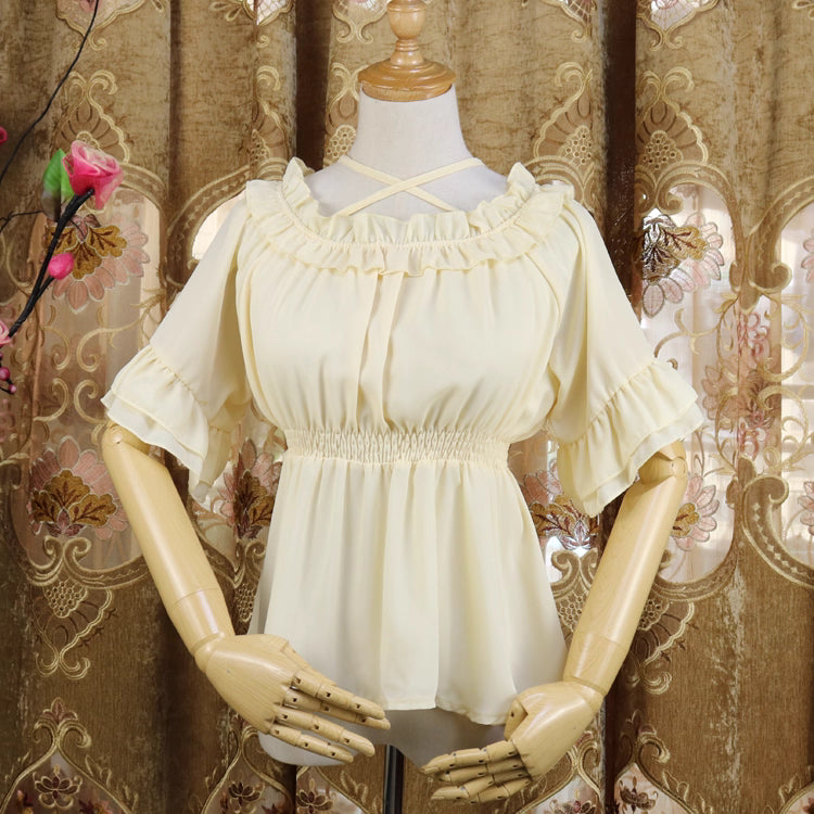This airy chiffon blouse combines a delicate halter neckline with a flattering high-waist design. The five-point sleeves and lightweight fabric offer breezy comfort for warm weather, while soft gathers and subtle details create a sweet, romantic silhouette. Perfect for layering under jumpers or pairing with skirts, it blends vintage-inspired elegance with modern Lolita charm for effortless spring and summer coordinations.