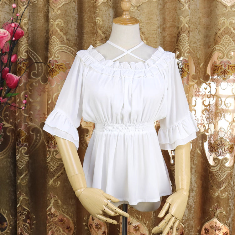 This airy chiffon blouse combines a delicate halter neckline with a flattering high-waist design. The five-point sleeves and lightweight fabric offer breezy comfort for warm weather, while soft gathers and subtle details create a sweet, romantic silhouette. Perfect for layering under jumpers or pairing with skirts, it blends vintage-inspired elegance with modern Lolita charm for effortless spring and summer coordinations.