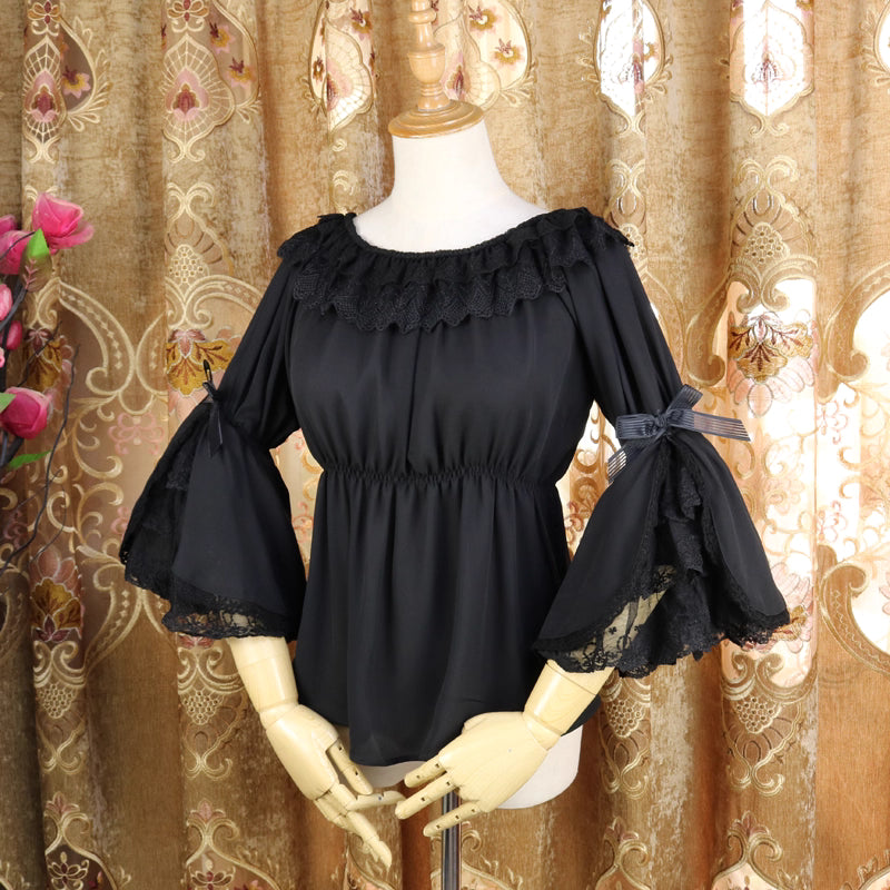 This elegant chiffon blouse features dramatic ruffled sleeves and a delicate bow accent, creating a romantic silhouette. The lightweight fabric drapes softly for effortless layering under jumpers or dresses. With its refined details and flowing texture, it blends vintage-inspired grace with modern Lolita charm, perfect for adding sophistication to any coordinate.
