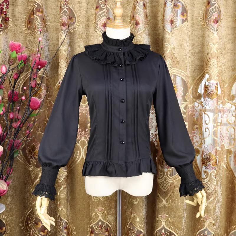This vintage-inspired blouse features an elegant stand collar and delicate ruffled sleeves crafted from lightweight chiffon. The tailored fit and button-front design create a flattering silhouette, perfect for layering under jumpers or dresses. Its timeless elegance blends retro charm with Lolita sophistication, making it ideal for both classic and sweet coordinates.