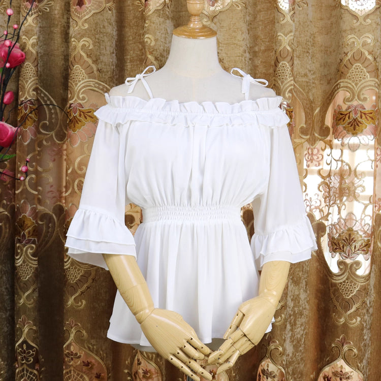 Inspired by Japanese sweet style, this airy chiffon blouse features a delicate halter neck and playful bubble sleeves. The lightweight fabric drapes softly for a dreamy silhouette, perfect for layering under sundresses or jumpers. Its whimsical design combines youthful charm with elegant details, making it ideal for creating kawaii Lolita coordinates with a touch of romantic freshness.