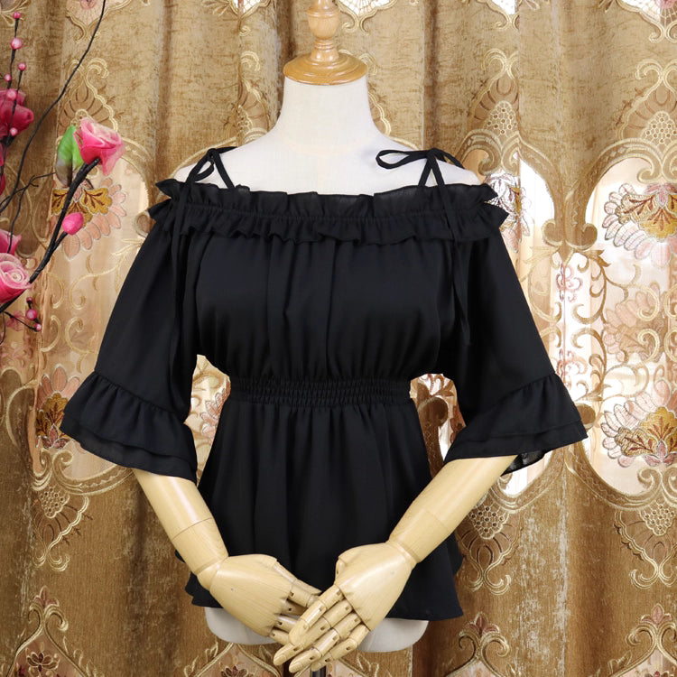 Inspired by Japanese sweet style, this airy chiffon blouse features a delicate halter neck and playful bubble sleeves. The lightweight fabric drapes softly for a dreamy silhouette, perfect for layering under sundresses or jumpers. Its whimsical design combines youthful charm with elegant details, making it ideal for creating kawaii Lolita coordinates with a touch of romantic freshness.