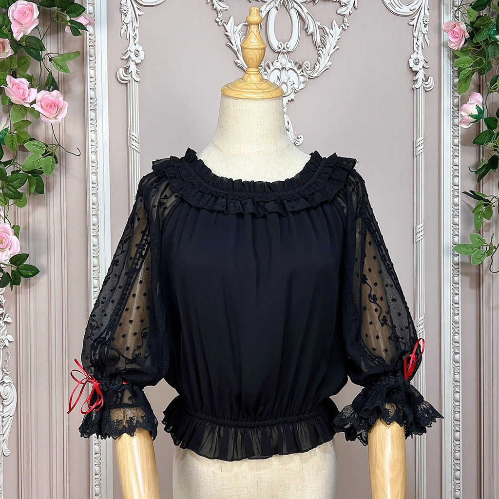 Embrace dark elegance with our Gothic Lolita chiffon blouse, blending poetic mystery and delicate romance. Lightweight and breathable for summer, it features dramatic flared sleeves with adjustable drawstring cuffs for a customizable silhouette. The contrasting black and white palette adds timeless sophistication. Perfect for layering or standalone wear, this piece captures the essence of ethereal beauty and subtle rebellion, ideal for those who dare to merge fantasy with fashion. Crafted for comfort and st