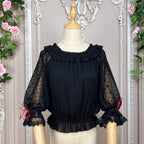 Embrace dark elegance with our Gothic Lolita chiffon blouse, blending poetic mystery and delicate romance. Lightweight and breathable for summer, it features dramatic flared sleeves with adjustable drawstring cuffs for a customizable silhouette. The contrasting black and white palette adds timeless sophistication. Perfect for layering or standalone wear, this piece captures the essence of ethereal beauty and subtle rebellion, ideal for those who dare to merge fantasy with fashion. Crafted for comfort and st