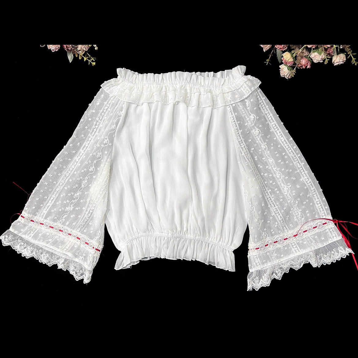 Embrace dark elegance with our Gothic Lolita chiffon blouse, blending poetic mystery and delicate romance. Lightweight and breathable for summer, it features dramatic flared sleeves with adjustable drawstring cuffs for a customizable silhouette. The contrasting black and white palette adds timeless sophistication. Perfect for layering or standalone wear, this piece captures the essence of ethereal beauty and subtle rebellion, ideal for those who dare to merge fantasy with fashion. Crafted for comfort and st
