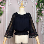 Embrace dark elegance with our Gothic Lolita chiffon blouse, blending poetic mystery and delicate romance. Lightweight and breathable for summer, it features dramatic flared sleeves with adjustable drawstring cuffs for a customizable silhouette. The contrasting black and white palette adds timeless sophistication. Perfect for layering or standalone wear, this piece captures the essence of ethereal beauty and subtle rebellion, ideal for those who dare to merge fantasy with fashion. Crafted for comfort and st