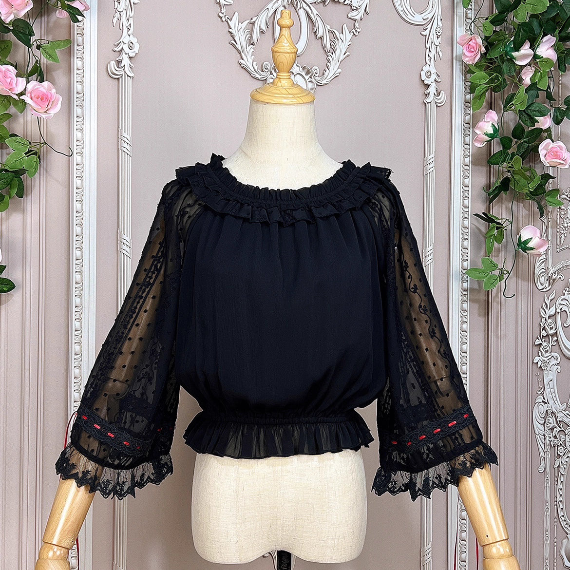 Embrace dark elegance with our Gothic Lolita chiffon blouse, blending poetic mystery and delicate romance. Lightweight and breathable for summer, it features dramatic flared sleeves with adjustable drawstring cuffs for a customizable silhouette. The contrasting black and white palette adds timeless sophistication. Perfect for layering or standalone wear, this piece captures the essence of ethereal beauty and subtle rebellion, ideal for those who dare to merge fantasy with fashion. Crafted for comfort and st