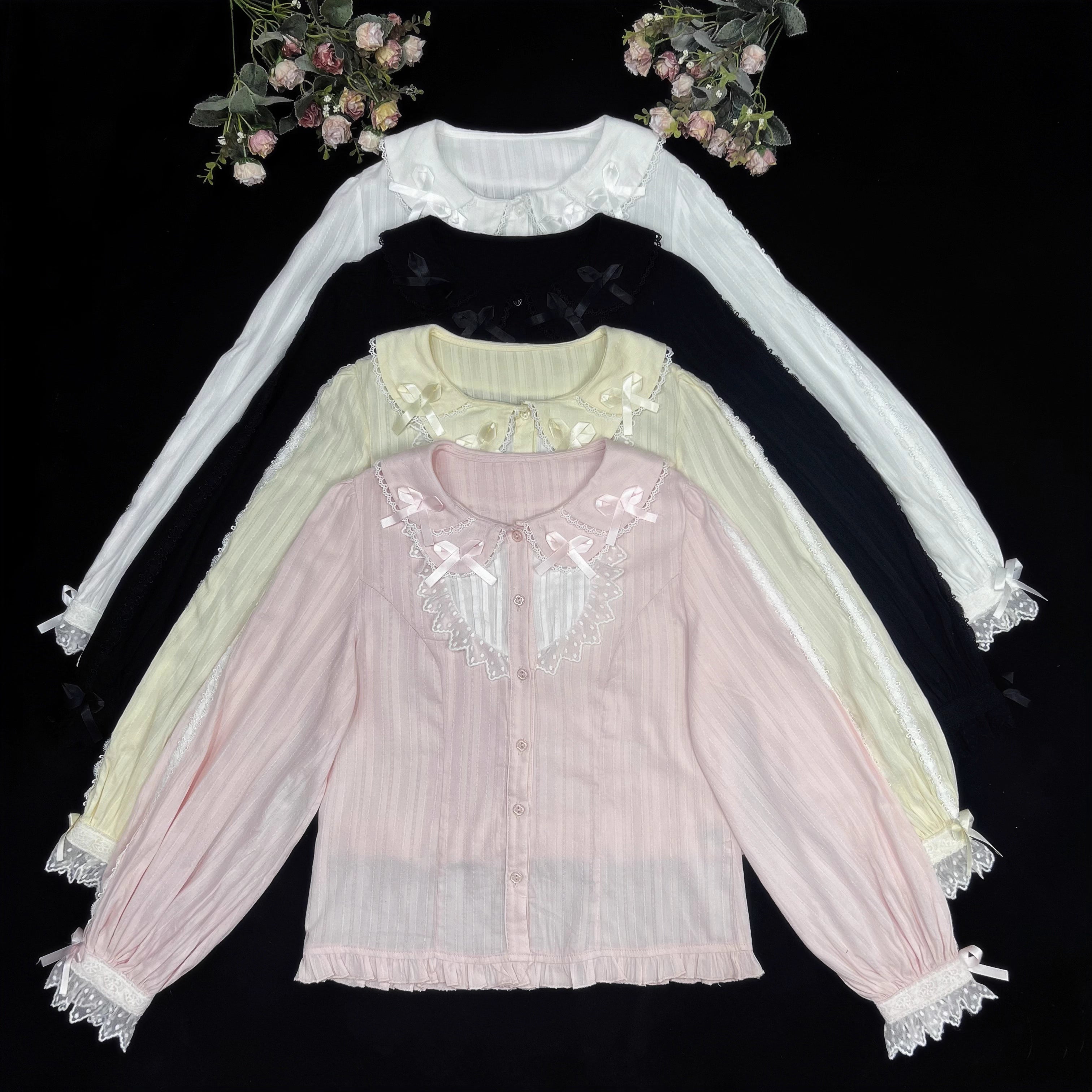 Crafted from soft cotton, this classic blouse features a charming Peter Pan collar adorned with a delicate bow. Rendered in versatile black, white, and peach, its breathable fabric and sweet design offer comfort for daily wear. The timeless elegance makes it perfect for layering under jumpers or dresses, blending practicality with romantic Lolita charm for year-round coordinations.