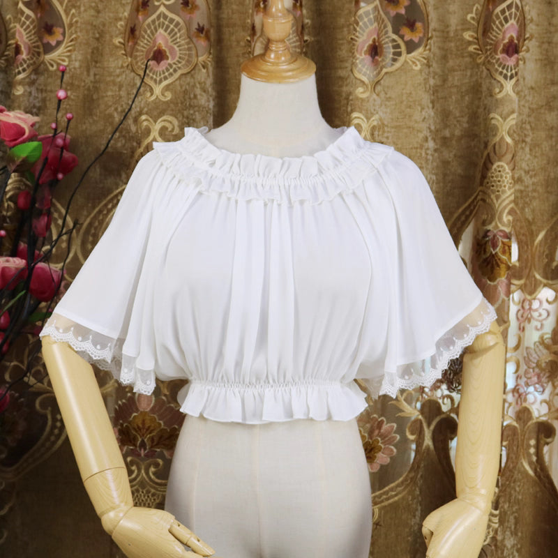 Named "Feiyang", this blouse captures movement and grace with its flowing chiffon fabric and delicate flutter sleeves. The airy design creates an ethereal silhouette, perfect for layering under jumpers or dresses. Its minimalist yet magical style blends softness and lightness, making it ideal for adding a touch of fairy-like elegance to sweet or classic Lolita coordinates.