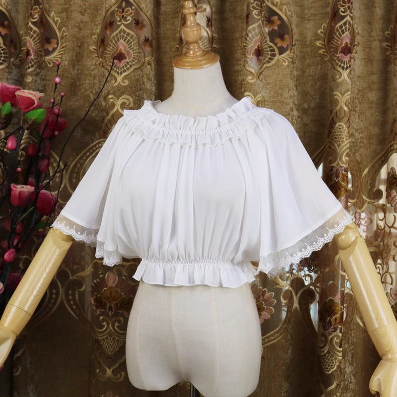 Named "Feiyang", this blouse captures movement and grace with its flowing chiffon fabric and delicate flutter sleeves. The airy design creates an ethereal silhouette, perfect for layering under jumpers or dresses. Its minimalist yet magical style blends softness and lightness, making it ideal for adding a touch of fairy-like elegance to sweet or classic Lolita coordinates.
