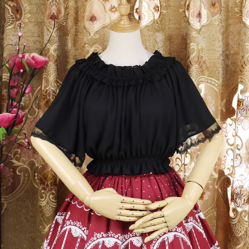 Named "Feiyang", this blouse captures movement and grace with its flowing chiffon fabric and delicate flutter sleeves. The airy design creates an ethereal silhouette, perfect for layering under jumpers or dresses. Its minimalist yet magical style blends softness and lightness, making it ideal for adding a touch of fairy-like elegance to sweet or classic Lolita coordinates.