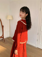 Design Concept:
This Lolita blouse in red features delicate lace detailing and a ruffled hem, creating a festive and whimsical aesthetic perfect for autumn and winter. The soft, breathable fabric ensures comfort while maintaining a structured, elegant look. Its playful yet refined design makes it ideal for daily wear, Christmas celebrations, tea parties, or casual Lolita gatherings.