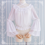 Lolita Blouse Summer Chiffon White Sweet and Cute One-Neck Black Shirt Blouse