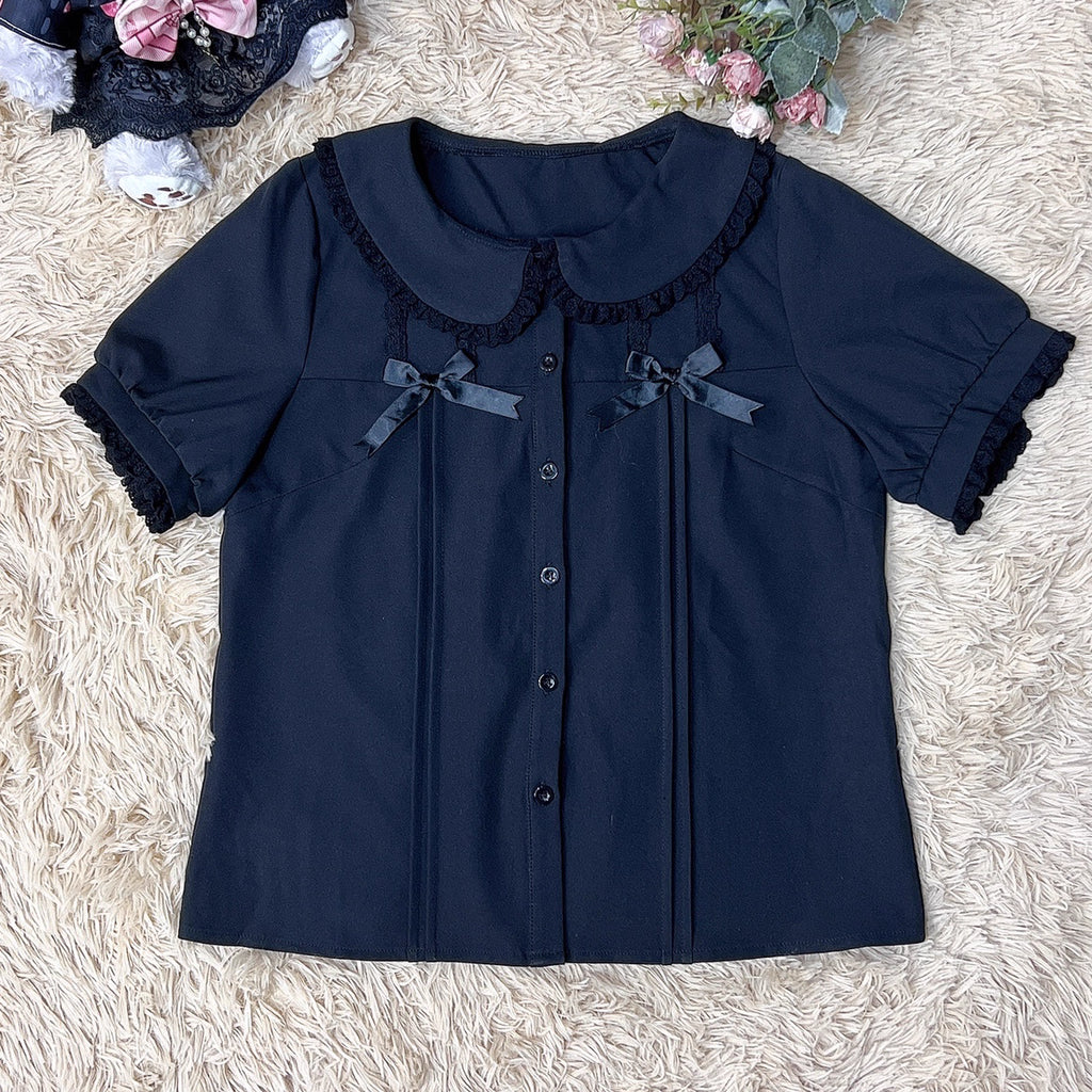 Designed for summer comfort, this sweet Lolita blouse features a classic Peter Pan collar and breezy short sleeves. The lightweight fabric and playful design make it perfect for both casual JK styles and cute Lolita coordinates. Its versatile charm blends effortless daily wear with dreamy elegance, offering a fresh and youthful look for warm-weather fashion.