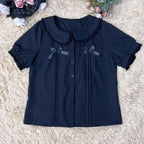 Designed for summer comfort, this sweet Lolita blouse features a classic Peter Pan collar and breezy short sleeves. The lightweight fabric and playful design make it perfect for both casual JK styles and cute Lolita coordinates. Its versatile charm blends effortless daily wear with dreamy elegance, offering a fresh and youthful look for warm-weather fashion.