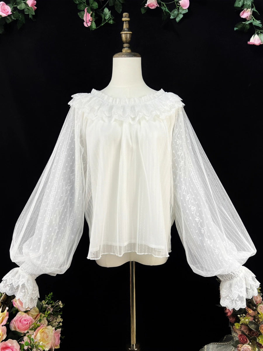 This elegant blouse combines sheer mesh fabric with dramatic leg-of-mutton sleeves and a comfortable elastic neckline. Perfect for spring and autumn layering, its lightweight texture adds depth to coordinates while maintaining a romantic silhouette. The design balances vintage inspiration with modern wearability, creating a versatile piece that transitions seamlessly from sweet to Gothic styles.