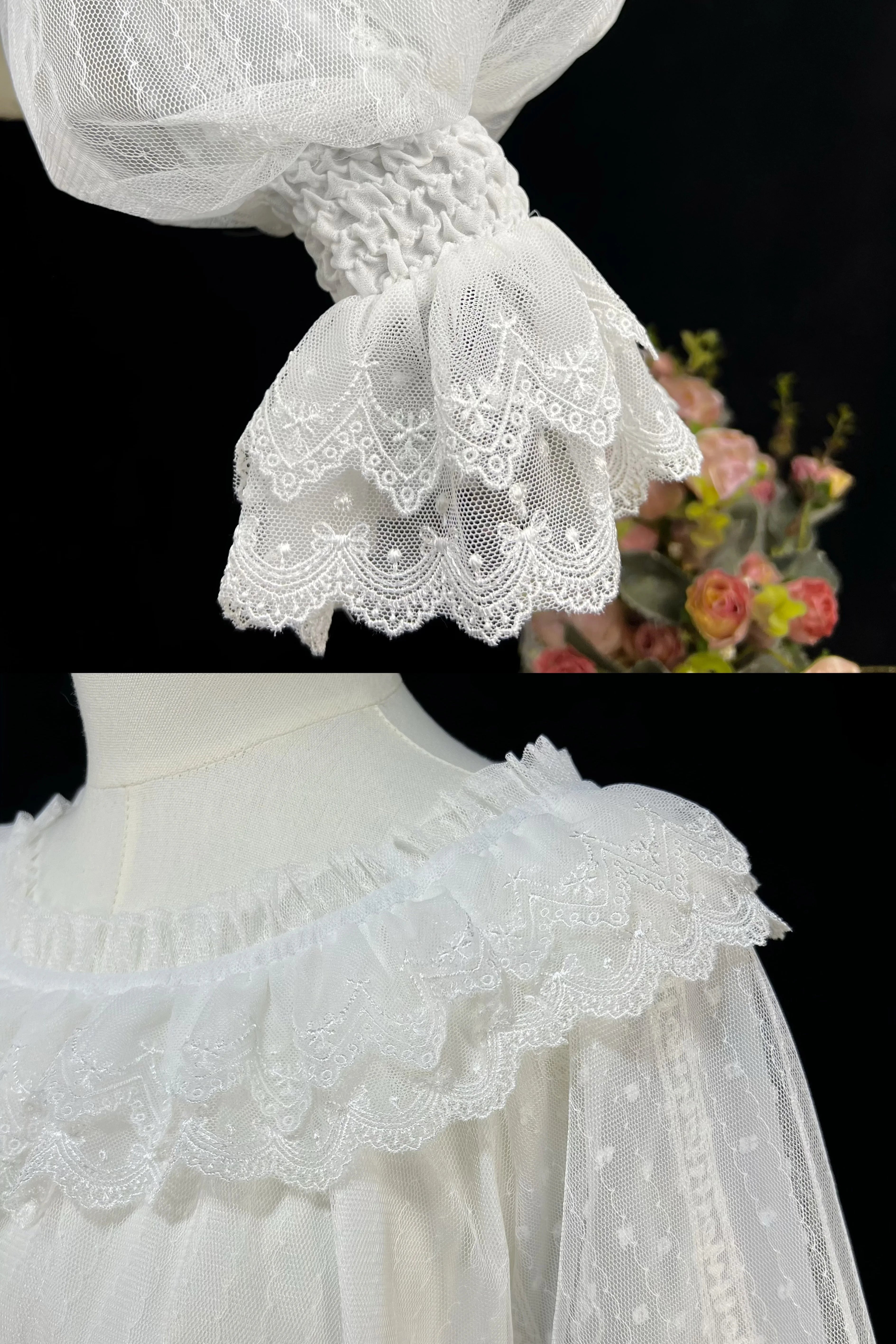 This elegant blouse combines sheer mesh fabric with dramatic leg-of-mutton sleeves and a comfortable elastic neckline. Perfect for spring and autumn layering, its lightweight texture adds depth to coordinates while maintaining a romantic silhouette. The design balances vintage inspiration with modern wearability, creating a versatile piece that transitions seamlessly from sweet to Gothic styles.