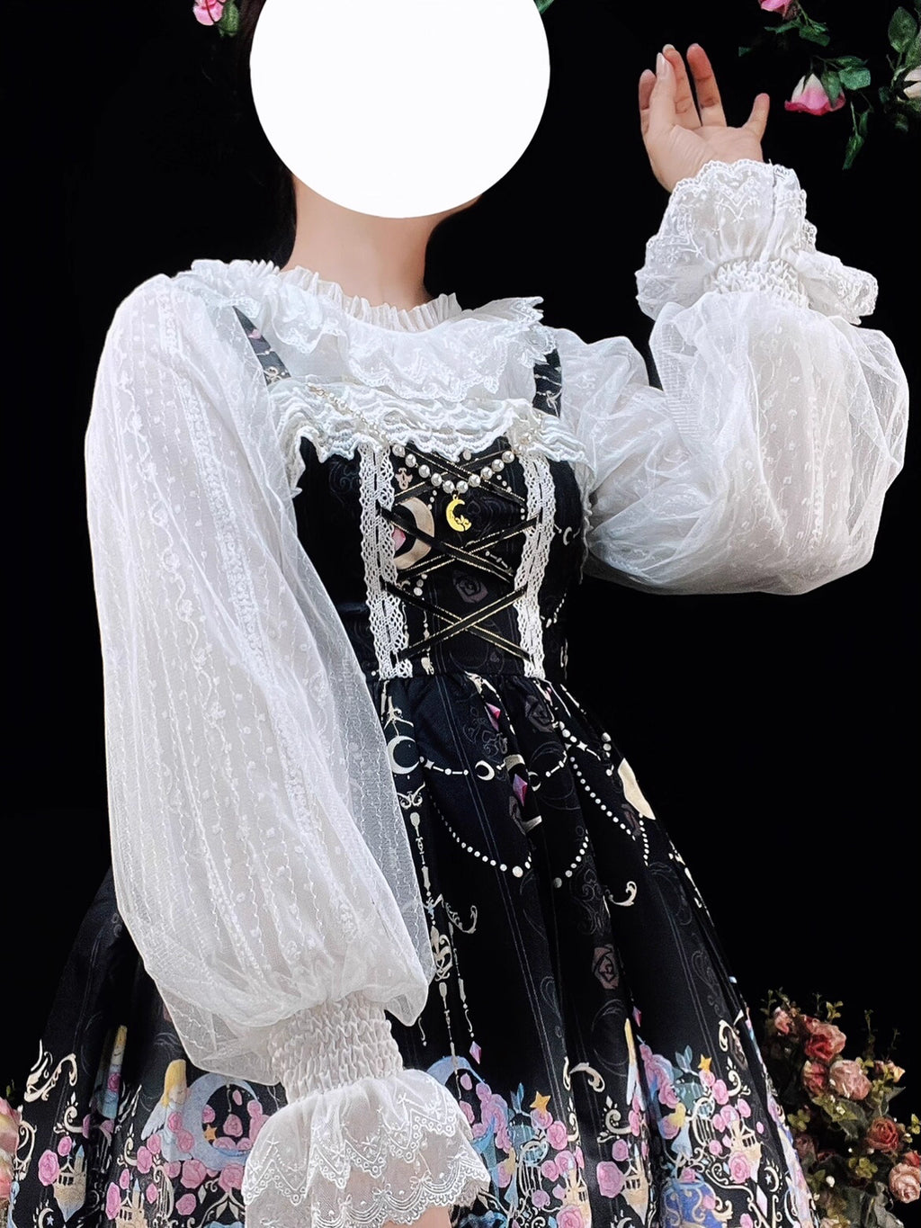 This elegant blouse combines sheer mesh fabric with dramatic leg-of-mutton sleeves and a comfortable elastic neckline. Perfect for spring and autumn layering, its lightweight texture adds depth to coordinates while maintaining a romantic silhouette. The design balances vintage inspiration with modern wearability, creating a versatile piece that transitions seamlessly from sweet to Gothic styles.