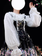 This elegant blouse combines sheer mesh fabric with dramatic leg-of-mutton sleeves and a comfortable elastic neckline. Perfect for spring and autumn layering, its lightweight texture adds depth to coordinates while maintaining a romantic silhouette. The design balances vintage inspiration with modern wearability, creating a versatile piece that transitions seamlessly from sweet to Gothic styles.