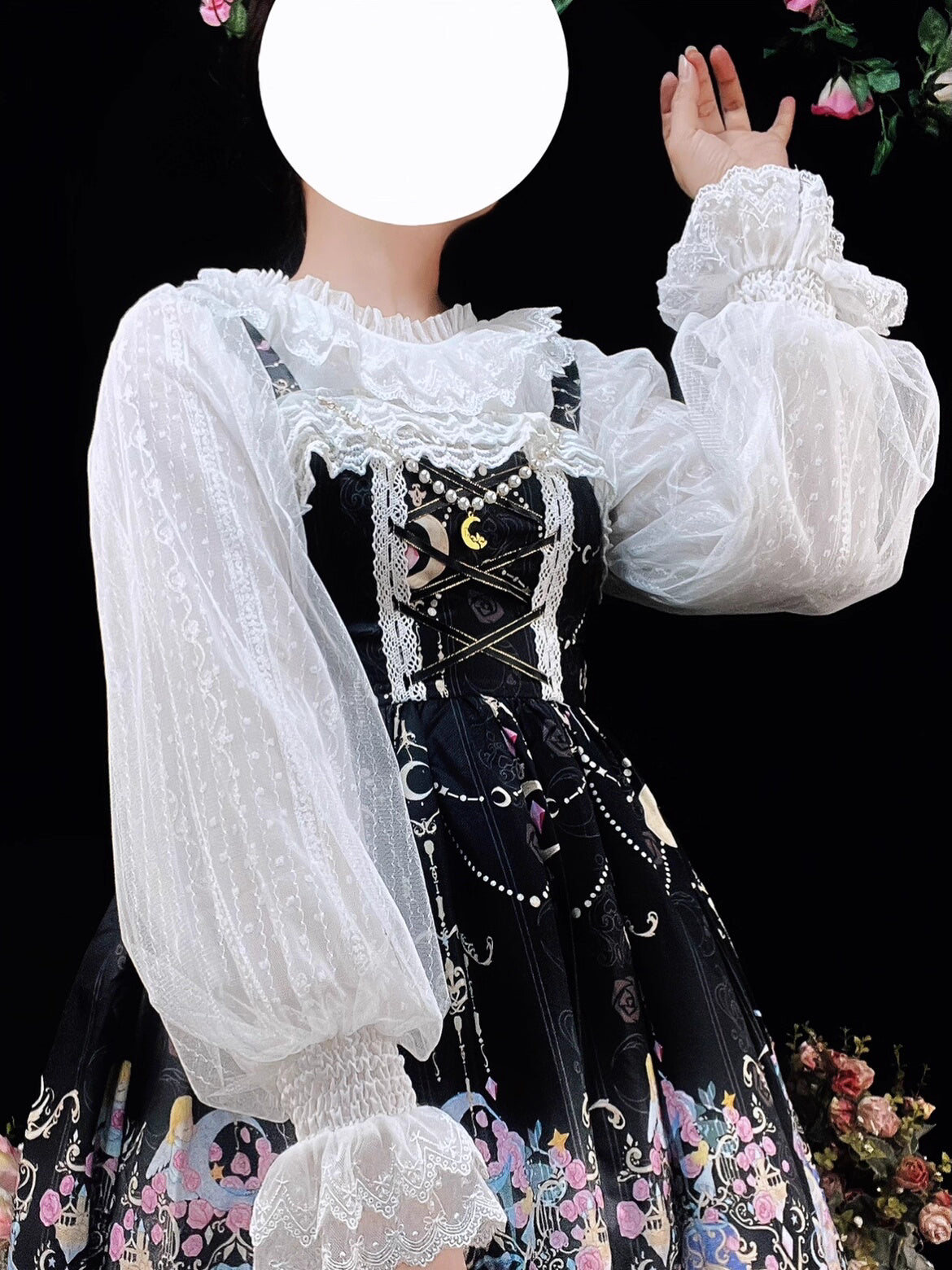 This elegant blouse combines sheer mesh fabric with dramatic leg-of-mutton sleeves and a comfortable elastic neckline. Perfect for spring and autumn layering, its lightweight texture adds depth to coordinates while maintaining a romantic silhouette. The design balances vintage inspiration with modern wearability, creating a versatile piece that transitions seamlessly from sweet to Gothic styles.