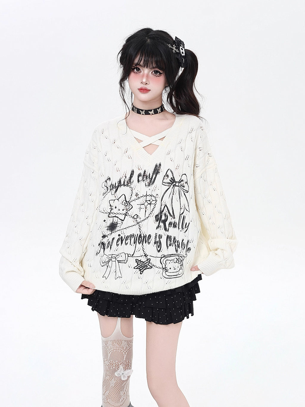 Design Concept:

This Lolita Blouses piece in soft apricot and black combines sweet and edgy elements for a unique autumn and winter look. Crafted from a comfortable knit fabric, it features a flattering V-neckline with delicate cross-strap details and subtle hollow-out patterns that add a playful yet stylish touch. The loose fit ensures ease of movement and cozy comfort, making it perfect for casual daily wear, street style, or layering over your favorite skirts or pants. Its versatile color palette of apr