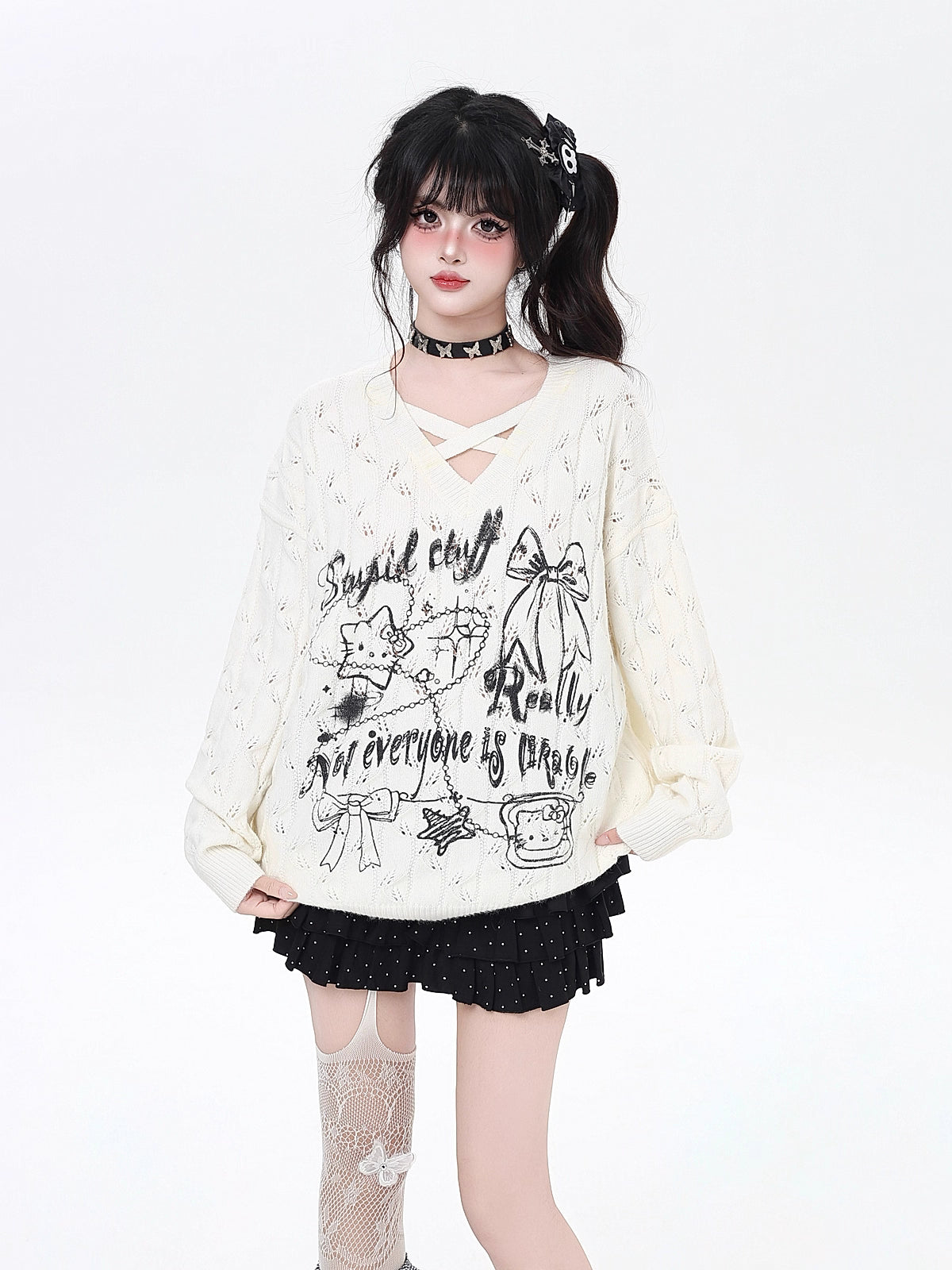 Design Concept:

This Lolita Blouses piece in soft apricot and black combines sweet and edgy elements for a unique autumn and winter look. Crafted from a comfortable knit fabric, it features a flattering V-neckline with delicate cross-strap details and subtle hollow-out patterns that add a playful yet stylish touch. The loose fit ensures ease of movement and cozy comfort, making it perfect for casual daily wear, street style, or layering over your favorite skirts or pants. Its versatile color palette of apr