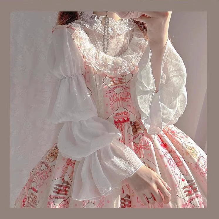Design Concept:
This Lolita blouse combines elegance and romantic charm with lotus leaf cuffs, hollow lace detailing, and loose chiffon sleeves. Available in apricot, white, and the generated color, the blouse offers a versatile and airy silhouette that enhances any Lolita outfit. Its soft, flowing fabric provides comfort while maintaining a delicate, refined look, making it ideal as an inner layer or standalone top for daily wear or tea party occasions.