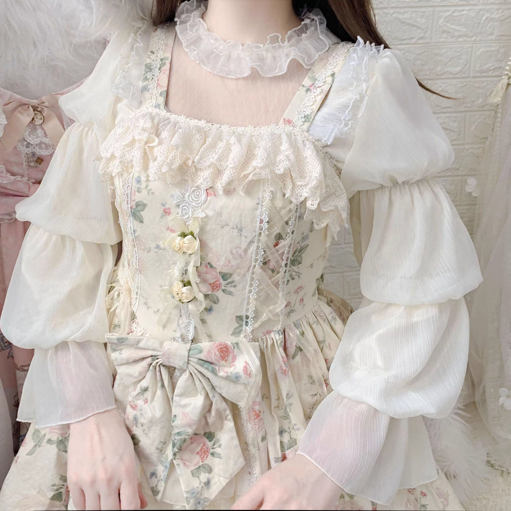 Design Concept:
This Lolita blouse combines elegance and romantic charm with lotus leaf cuffs, hollow lace detailing, and loose chiffon sleeves. Available in apricot, white, and the generated color, the blouse offers a versatile and airy silhouette that enhances any Lolita outfit. Its soft, flowing fabric provides comfort while maintaining a delicate, refined look, making it ideal as an inner layer or standalone top for daily wear or tea party occasions.