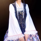 Design Concept:
This Lolita blouse blends retro elegance with a touch of Eastern inspiration. Crafted in soft apricot and pure white tones, it features a graceful V-neckline adorned with delicate striped patterns. The flared princess sleeves add a dramatic yet refined silhouette, perfect for layering under JSKs or wearing as a standalone statement piece. Lightweight chiffon fabric ensures breathability and comfort, making it ideal for daily wear or casual tea party gatherings.