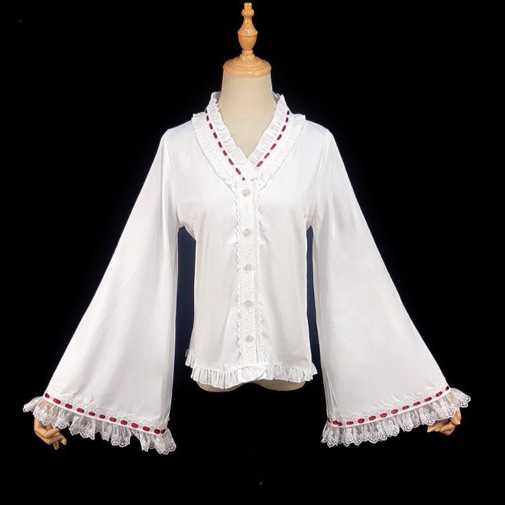Design Concept:
This Lolita blouse blends retro elegance with a touch of Eastern inspiration. Crafted in soft apricot and pure white tones, it features a graceful V-neckline adorned with delicate striped patterns. The flared princess sleeves add a dramatic yet refined silhouette, perfect for layering under JSKs or wearing as a standalone statement piece. Lightweight chiffon fabric ensures breathability and comfort, making it ideal for daily wear or casual tea party gatherings.