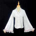 Design Concept:
This Lolita blouse blends retro elegance with a touch of Eastern inspiration. Crafted in soft apricot and pure white tones, it features a graceful V-neckline adorned with delicate striped patterns. The flared princess sleeves add a dramatic yet refined silhouette, perfect for layering under JSKs or wearing as a standalone statement piece. Lightweight chiffon fabric ensures breathability and comfort, making it ideal for daily wear or casual tea party gatherings.