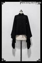 Inspired by Tang dynasty aesthetics, this top reimagines classical elegance with dramatic pointed collars and flowing wide sleeves. The luxurious black fabric serves as a canvas for subtle embroidered pomegranate motifs—symbolizing prosperity and unity. Lightweight yet structured, it layers seamlessly under modern outerwear, blending historical narrative with wearable artistry for a timeless statement of cultural fusion.