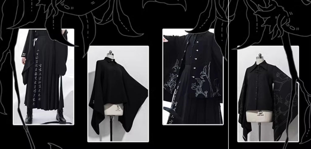 Inspired by Tang dynasty aesthetics, this top reimagines classical elegance with dramatic pointed collars and flowing wide sleeves. The luxurious black fabric serves as a canvas for subtle embroidered pomegranate motifs—symbolizing prosperity and unity. Lightweight yet structured, it layers seamlessly under modern outerwear, blending historical narrative with wearable artistry for a timeless statement of cultural fusion.