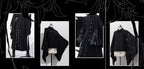 Inspired by Tang dynasty aesthetics, this top reimagines classical elegance with dramatic pointed collars and flowing wide sleeves. The luxurious black fabric serves as a canvas for subtle embroidered pomegranate motifs—symbolizing prosperity and unity. Lightweight yet structured, it layers seamlessly under modern outerwear, blending historical narrative with wearable artistry for a timeless statement of cultural fusion.